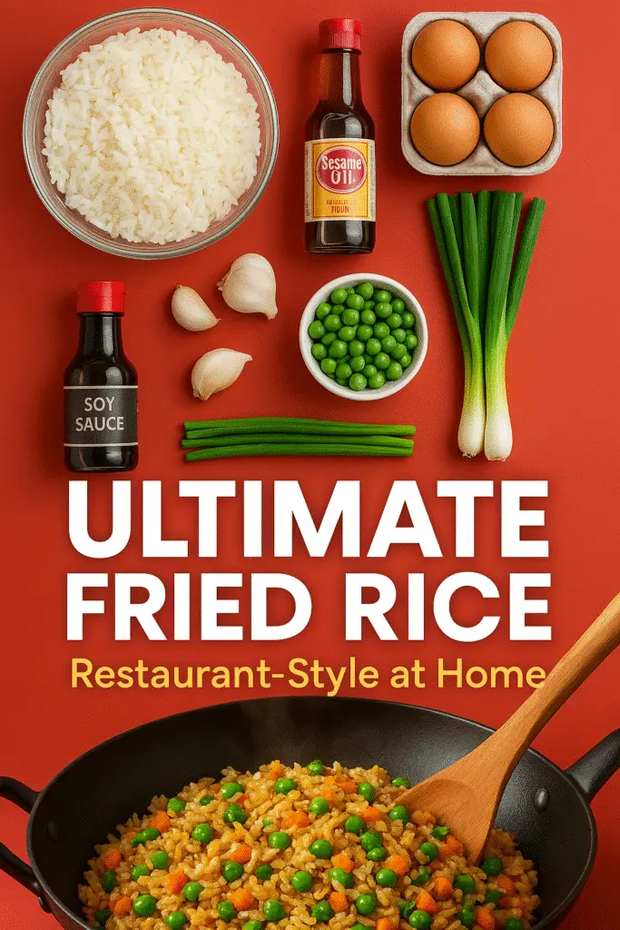 Ultimate fried rice recipe Pinterest pin with jasmine rice ingredients and wok cooking - CrennRecipes