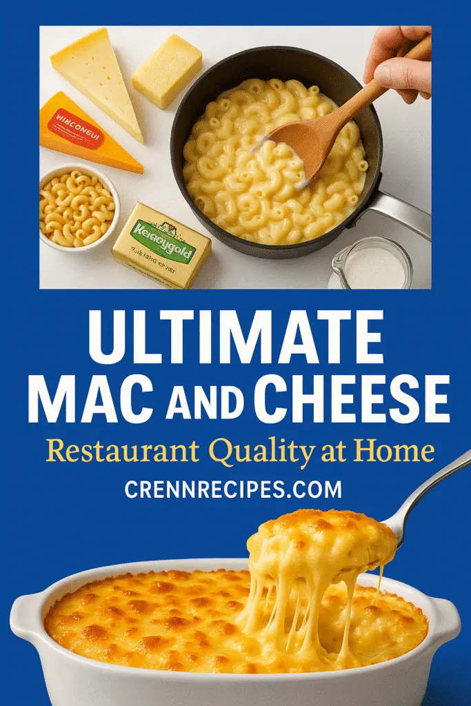 Ultimate mac and cheese Pinterest pin showing cheese pull and CrennRecipes professional techniques