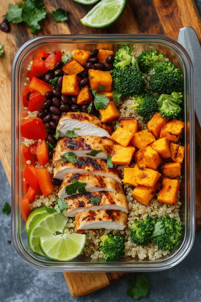 Ultimate protein lunch bowl with chicken quinoa vegetables in glass container Pinterest