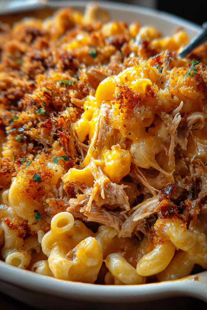 Vertical Pinterest image of Smoky Maple Bourbon Pulled Pork Mac Cheese Casserole with visible cheese pull and bourbon BBQ glaze