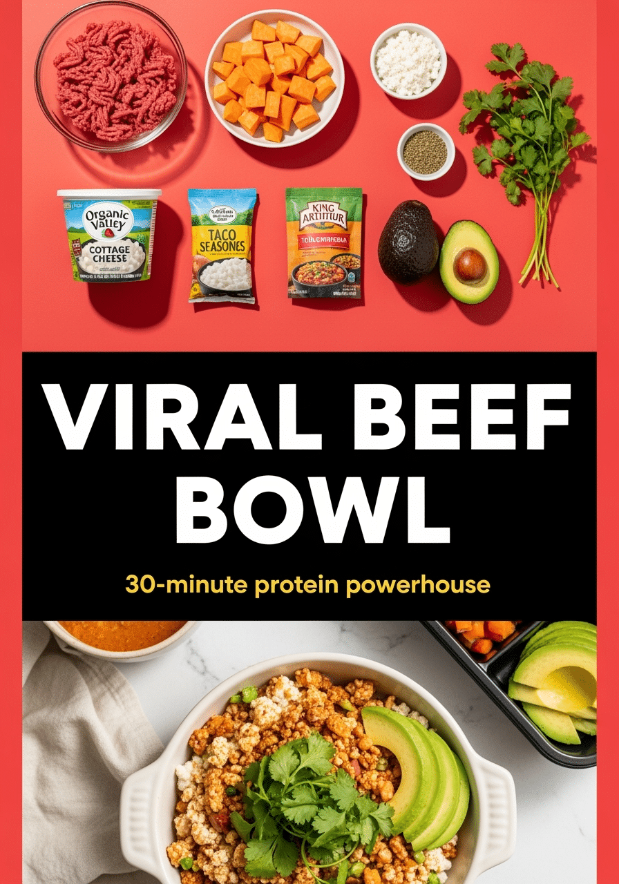 Viral beef sweet potato cottage cheese bowl Pinterest pin featuring Organic Valley cottage cheese and Williams Sonoma serving bowl
