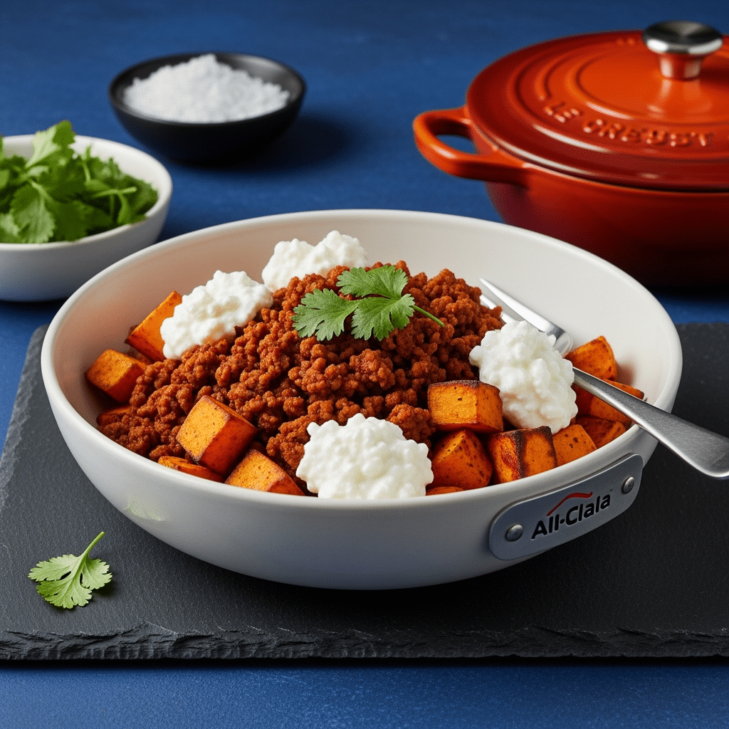 Viral beef sweet potato cottage cheese bowl with All-Clad serving bowl and premium ingredients