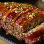 Whiskey-Maple Glazed Bacon-Studded Meatloaf cooked to perfection with glossy brown sugar bourbon glaze and crispy bacon wrap