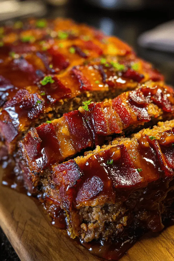 Bacon-studded meatloaf sliced to reveal juicy texture and golden maple bourbon glaze