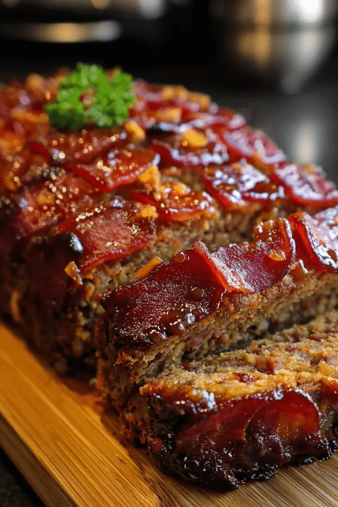 Glazed meatloaf ready to bake with bacon weave and whiskey-maple sauce brushed on top