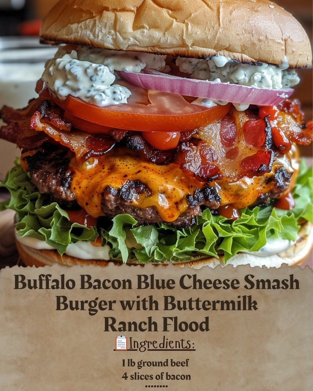 Buffalo Bacon Blue Cheese Smash Burger with Buttermilk Ranch Flood
