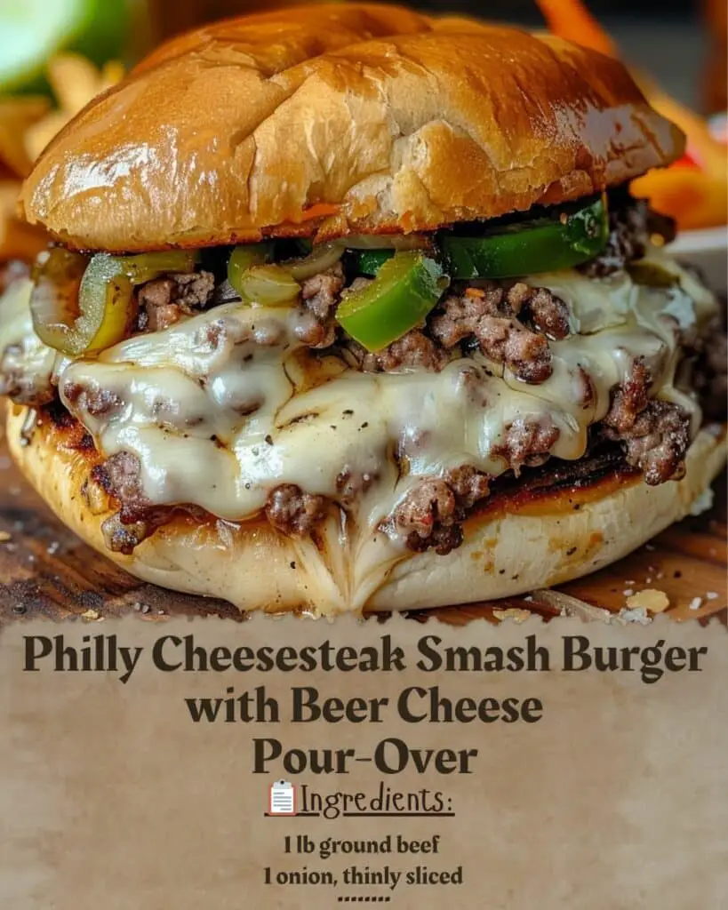 Philly Cheesesteak Smash Burger with Beer Cheese Pour-Over