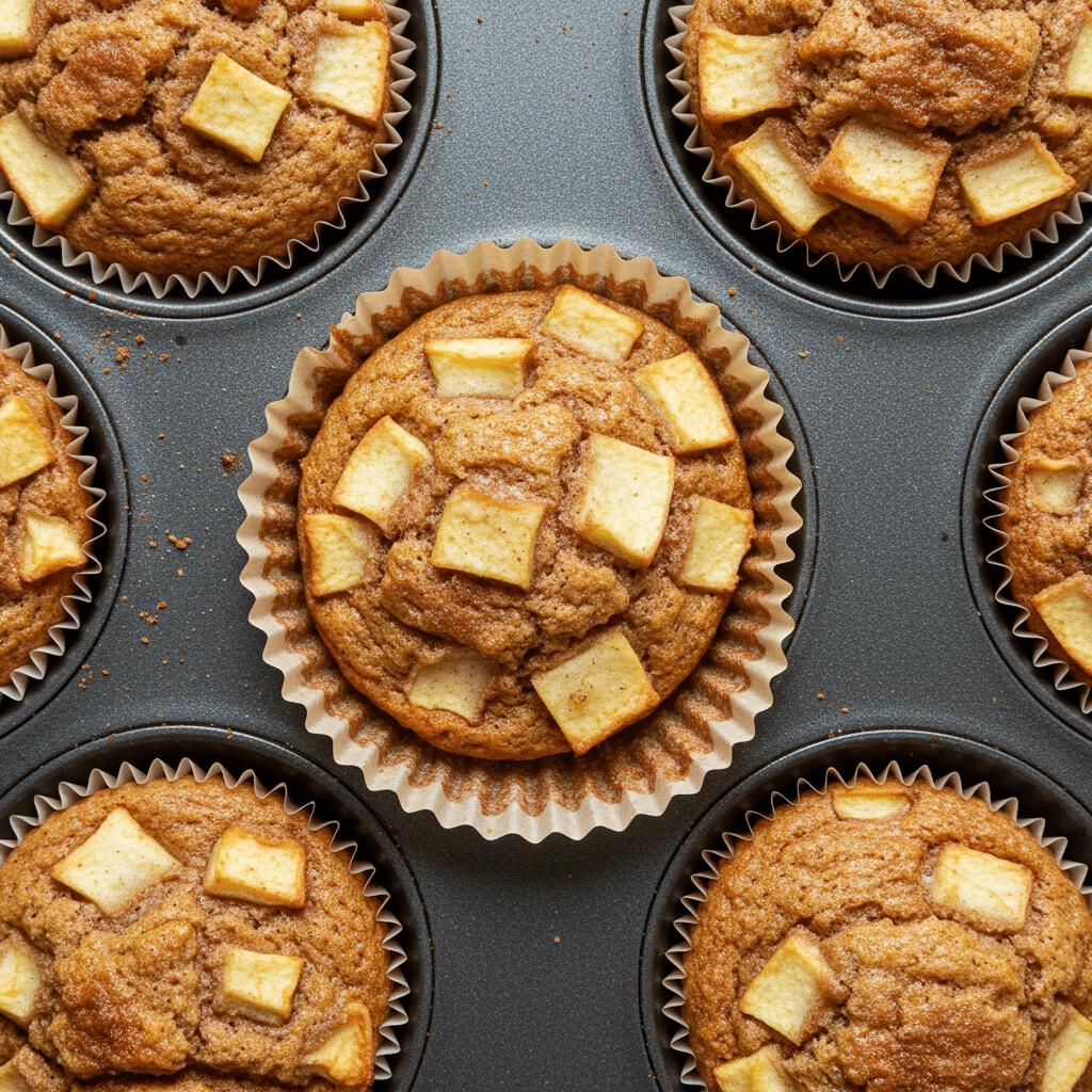 Fresh apple cinnamon muffins with golden brown tops and visible diced apple pieces for healthy breakfast recipe
