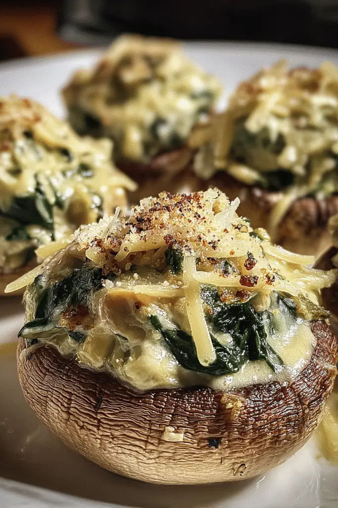 Easy stuffed mushroom caps appetizer recipe with artichoke spinach filling for Pinterest