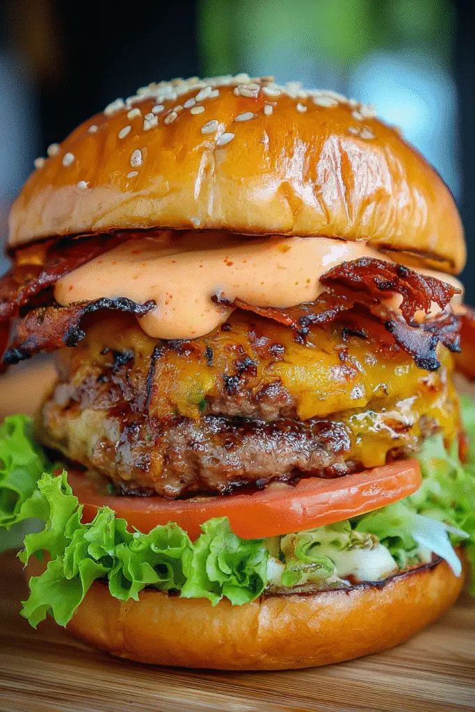 Complete Triple-Layer Pepper Jack Bacon Smash Burger assembled with all premium ingredients visible