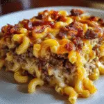Bacon cheeseburger casserole with melted three-cheese blend, crispy bacon topping, and golden-brown edges straight from oven
