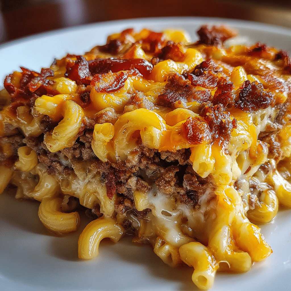 Bacon cheeseburger casserole with melted three-cheese blend, crispy bacon topping, and golden-brown edges straight from oven