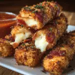 Bacon-crusted mozzarella sticks recipe with crispy coating and melted cheese center