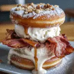 Bacon Donut Ice Cream Burger with crispy bacon, vanilla ice cream, glazed donuts and maple syrup - premium dessert recipe