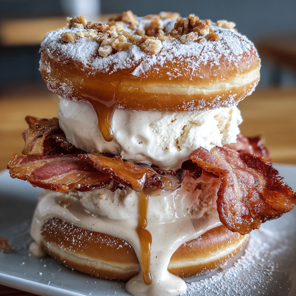 Bacon Donut Ice Cream Burger with crispy bacon, vanilla ice cream, glazed donuts and maple syrup - premium dessert recipe