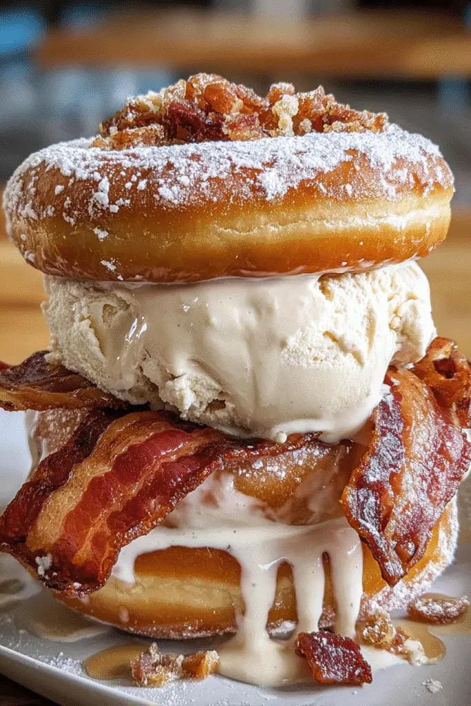 Bacon Donut Ice Cream Burger Pinterest recipe pin - sweet and savory dessert with premium ingredients