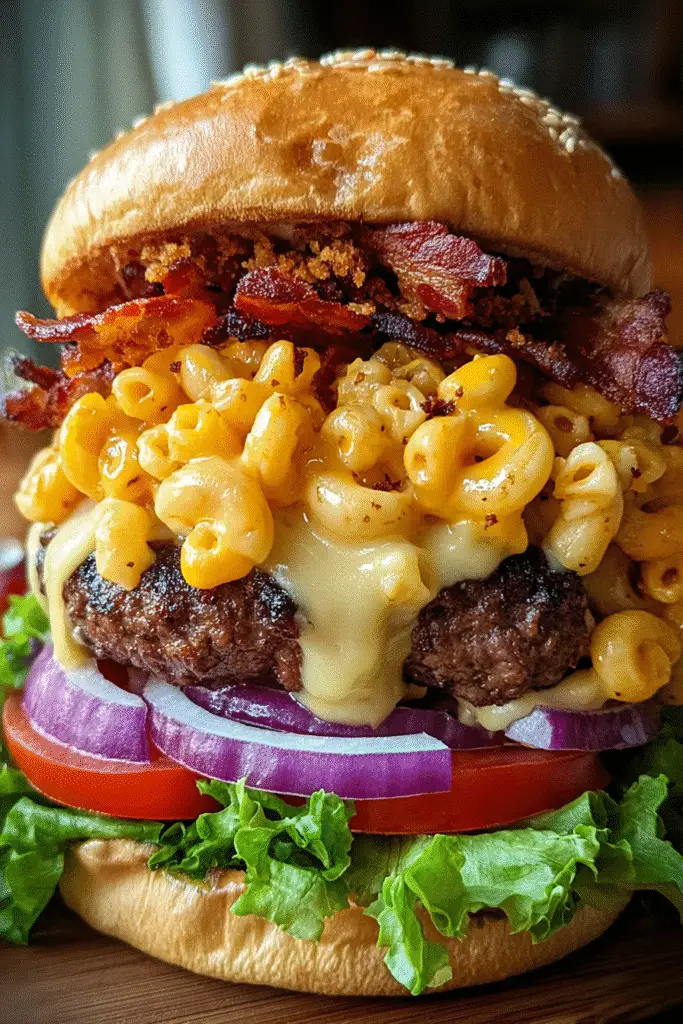 Bacon Mac 'n' Cheese Stuffed Burger Pinterest recipe pin with gooey cheese center