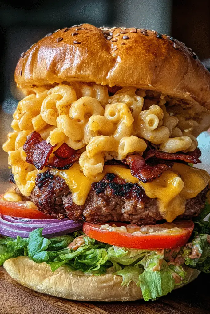 Homemade Bacon Mac 'n' Cheese Stuffed Burger with melted cheese and crispy bacon