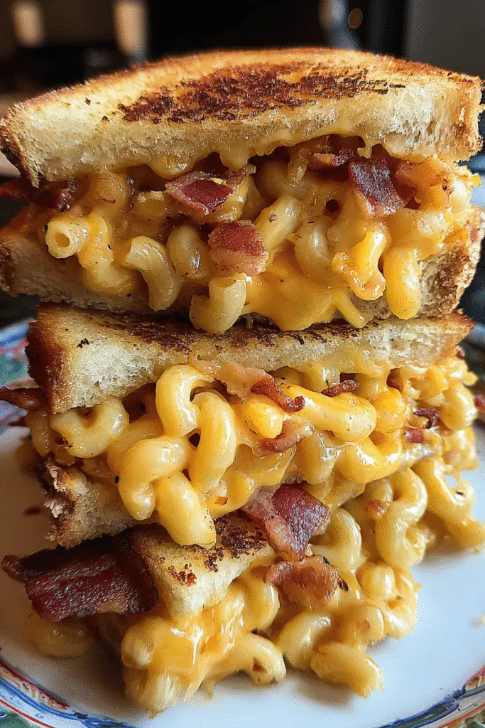 Pinterest-ready Bacon Mac 'n' Cheese Grilled Cheese with premium cheeses and applewood bacon