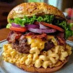 Bacon Mac 'n' Cheese Stuffed Burger with crispy bacon and melted cheese filling
