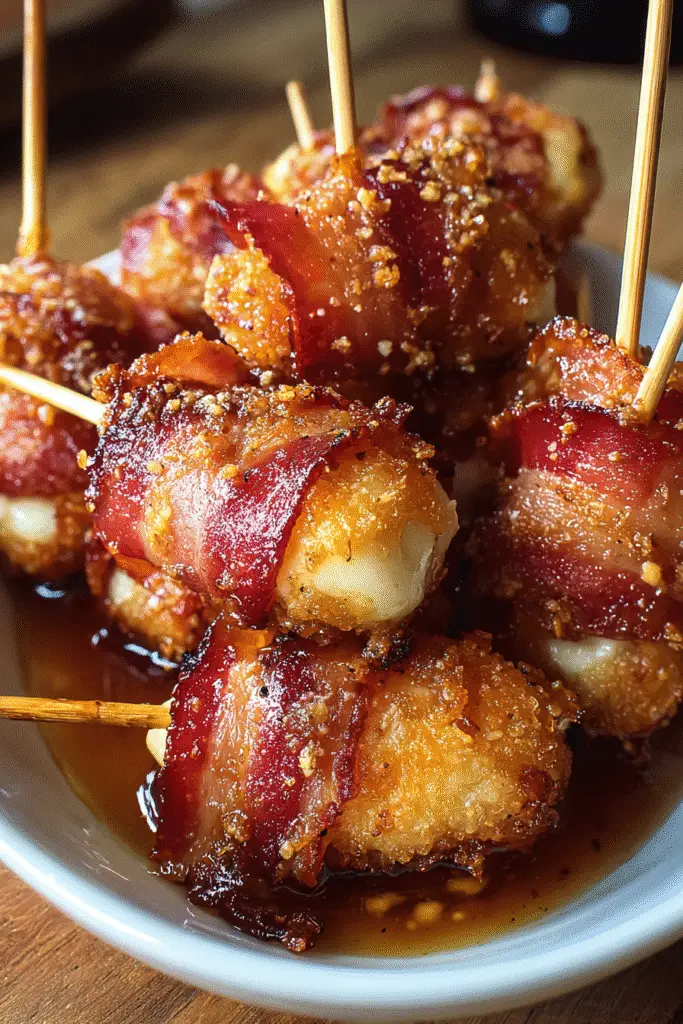Crispy Bacon Mozzarella Poppers with Sweet Maple Glaze Pinterest recipe - premium appetizer with maple glaze