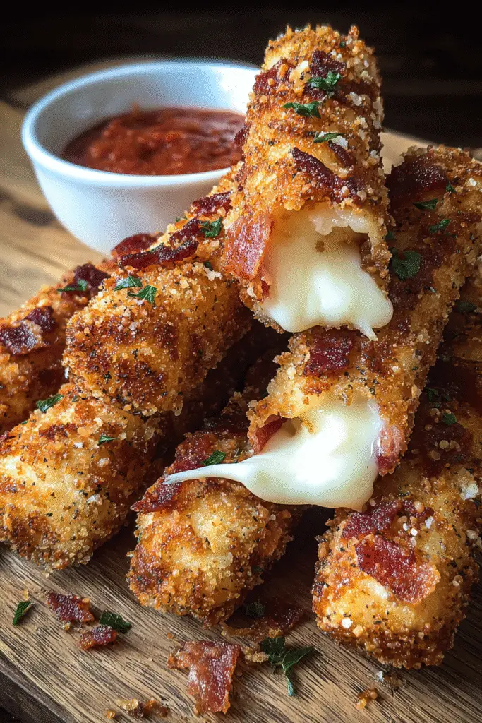 Easy bacon-crusted mozzarella sticks recipe perfect for Pinterest sharing