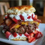 Bacon Strawberry Shortcake Burger with crispy bacon and fresh strawberries on shortcake bun