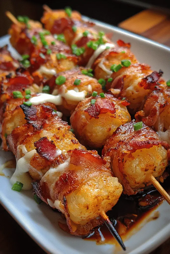 Easy bacon-wrapped tater tot skewers Pinterest recipe with game day appetizer ingredients