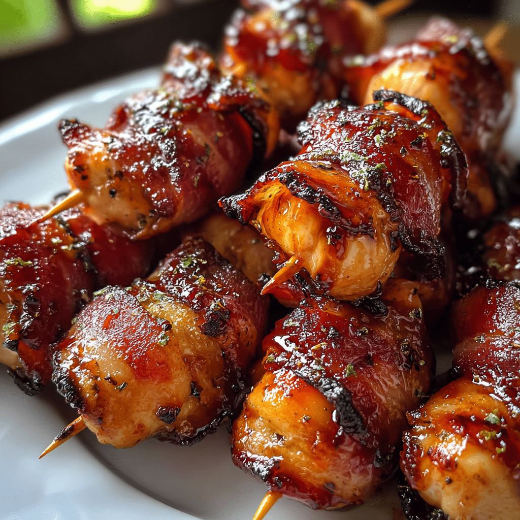 Bacon wrapped BBQ chicken bites with crispy bacon and glazed BBQ sauce on wooden serving board