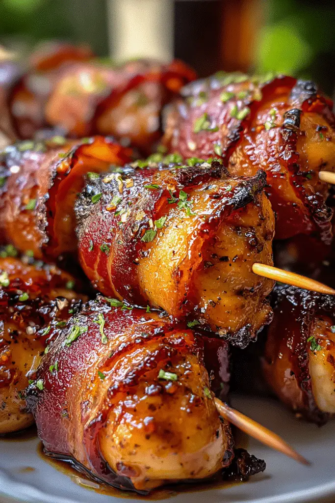 Pinterest-style bacon wrapped BBQ chicken bites appetizer recipe with step-by-step preparation
