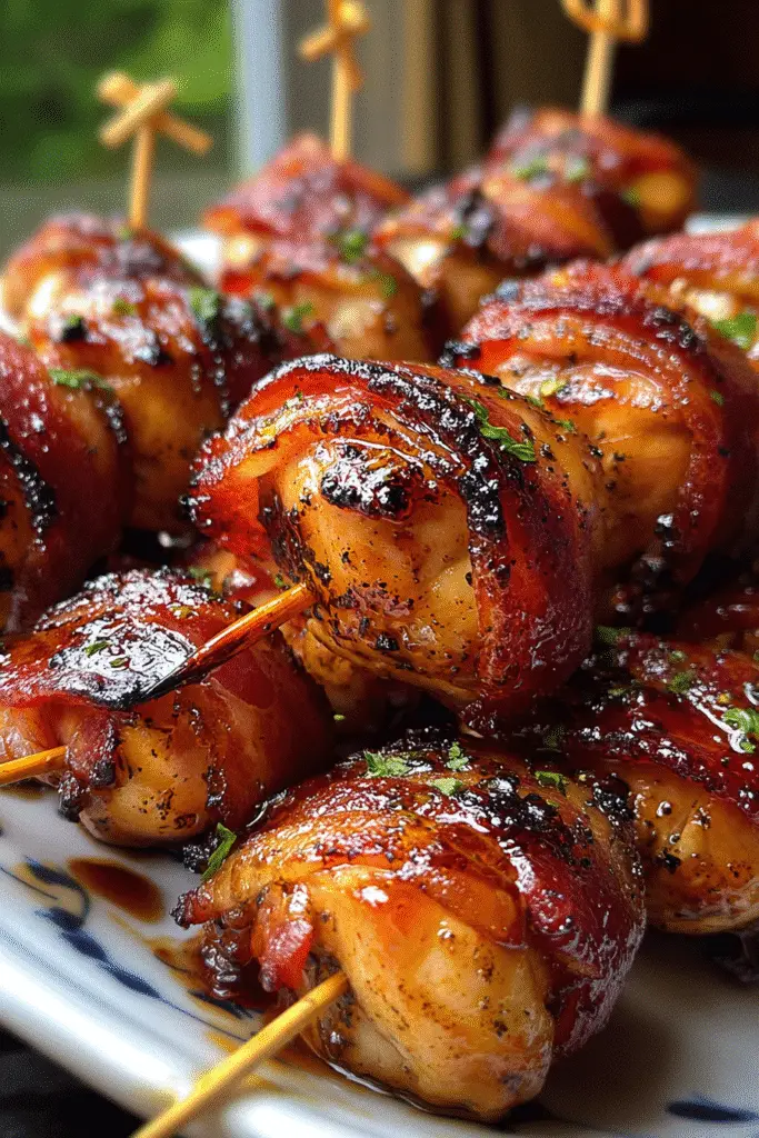 Bacon wrapped BBQ chicken bites close-up showing crispy bacon texture and BBQ glaze for Pinterest sharing