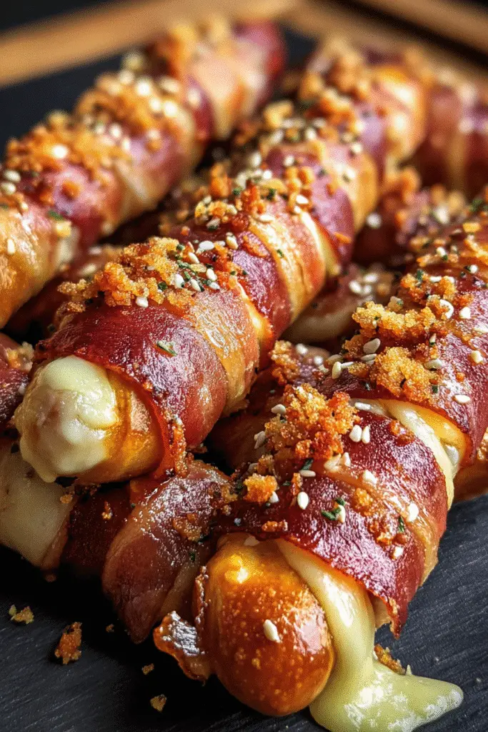 Homemade double-cheese bacon-wrapped pretzel sticks recipe showing crispy golden bacon and melted cheese interior