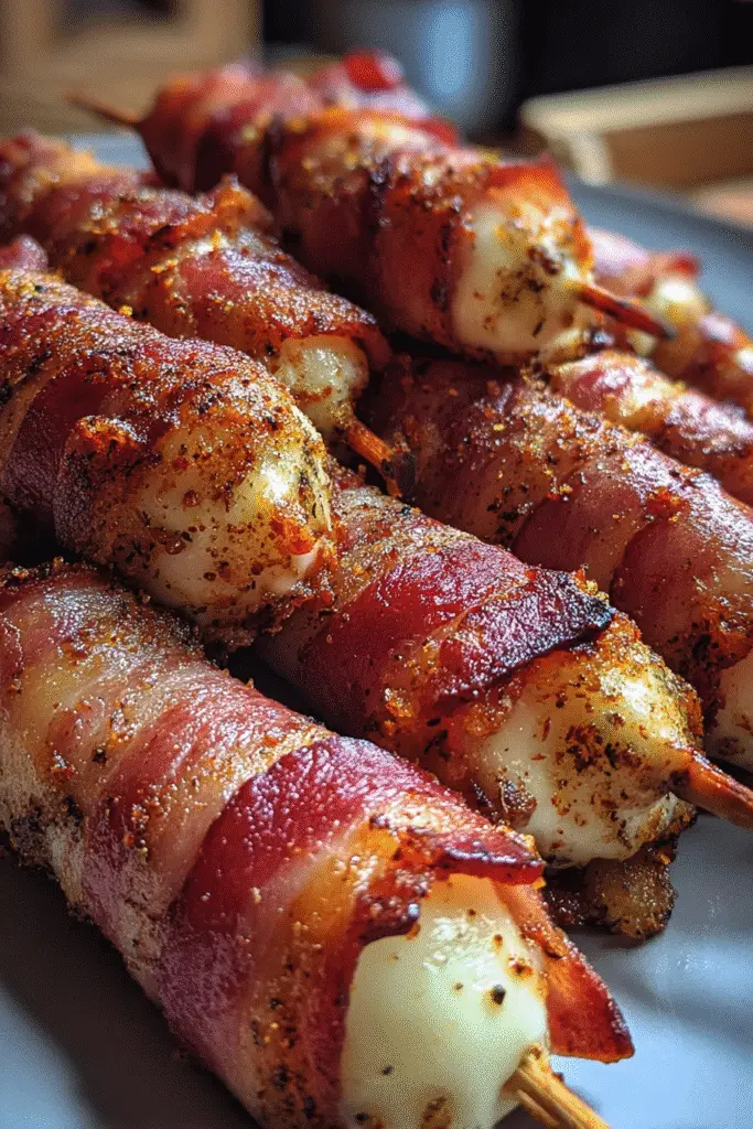 Easy bacon wrapped mozzarella sticks recipe - crispy keto-friendly appetizer perfect for game day and parties from CrennRecipes