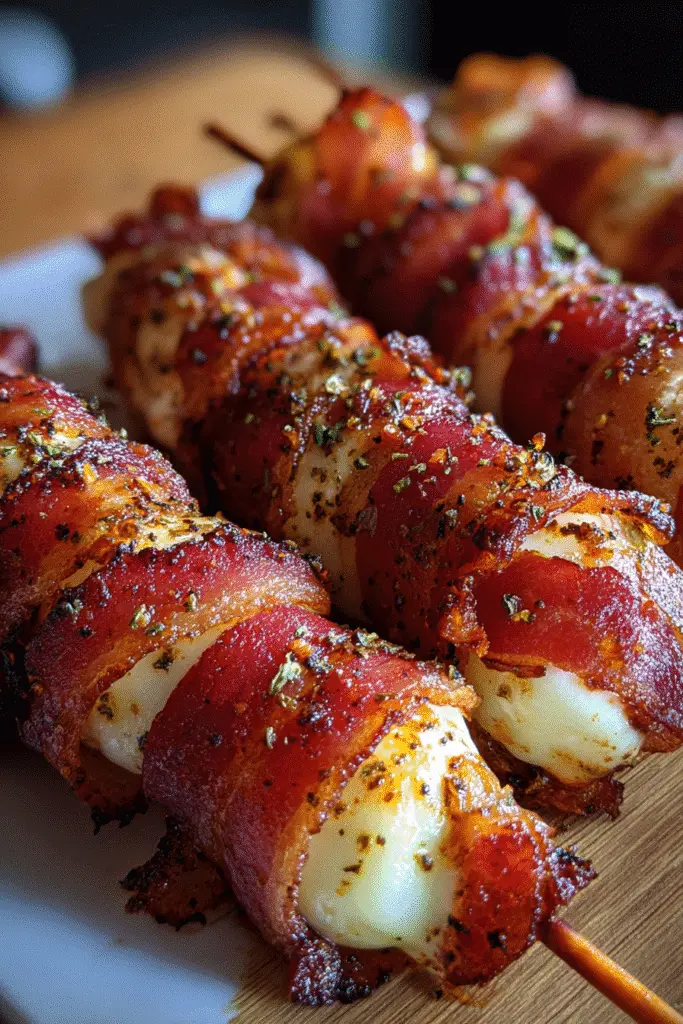 Homemade bacon wrapped mozzarella sticks with dipping sauces - air fryer and baking methods included by CrennRecipes