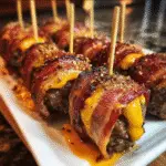 Bacon-wrapped cheeseburger dippers recipe with melted cheddar cheese and crispy bacon on parchment paper