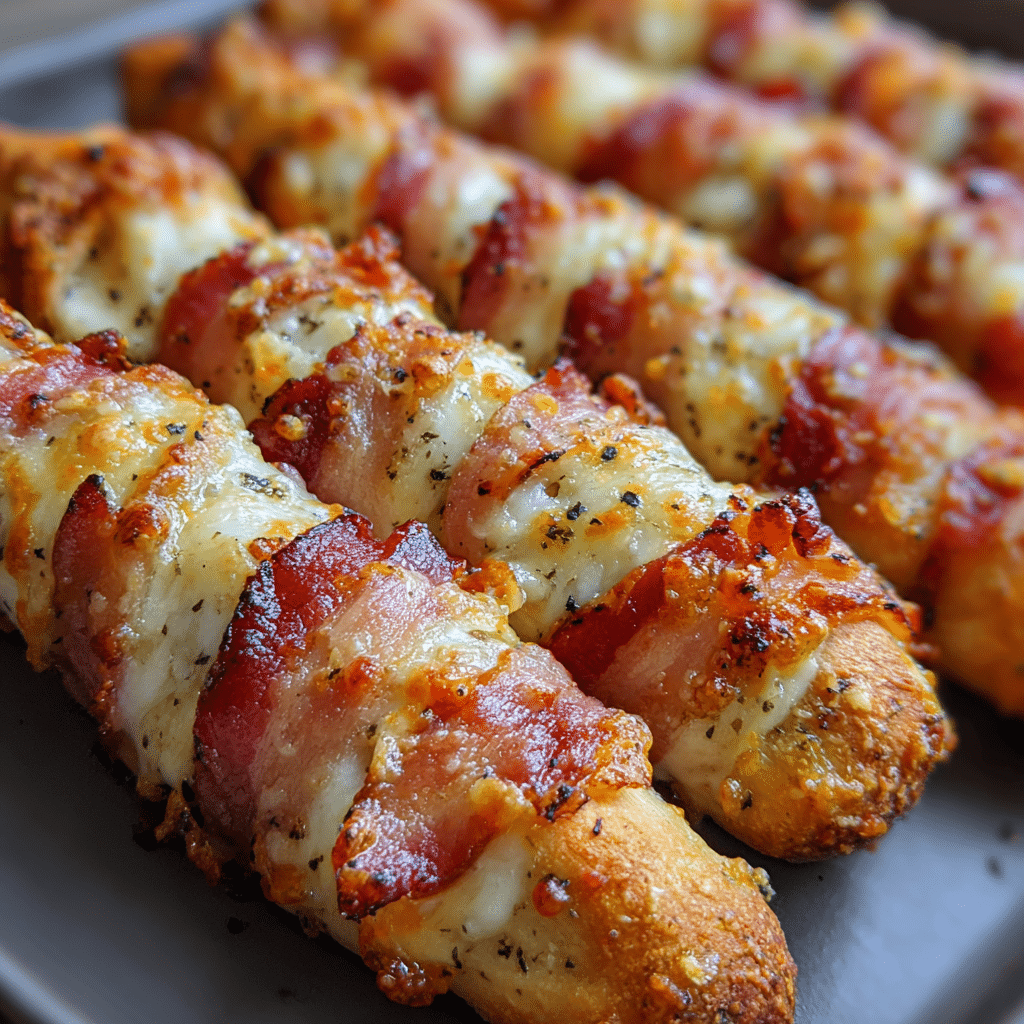 Bacon wrapped cheesy garlic breadsticks golden crispy appetizers with melted cheese