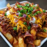 Bacon-wrapped chili cheese fries with crispy bacon and melted cheddar cheese