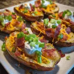 Bacon wrapped loaded potato skins with melted cheddar cheese and crispy bacon on CrennRecipes baking sheet