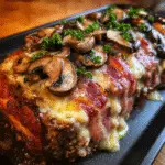 Bacon wrapped meatloaf with Swiss cheese and mushrooms – premium homemade dinner