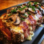 Bacon wrapped meatloaf with Swiss cheese and mushrooms – premium homemade dinner