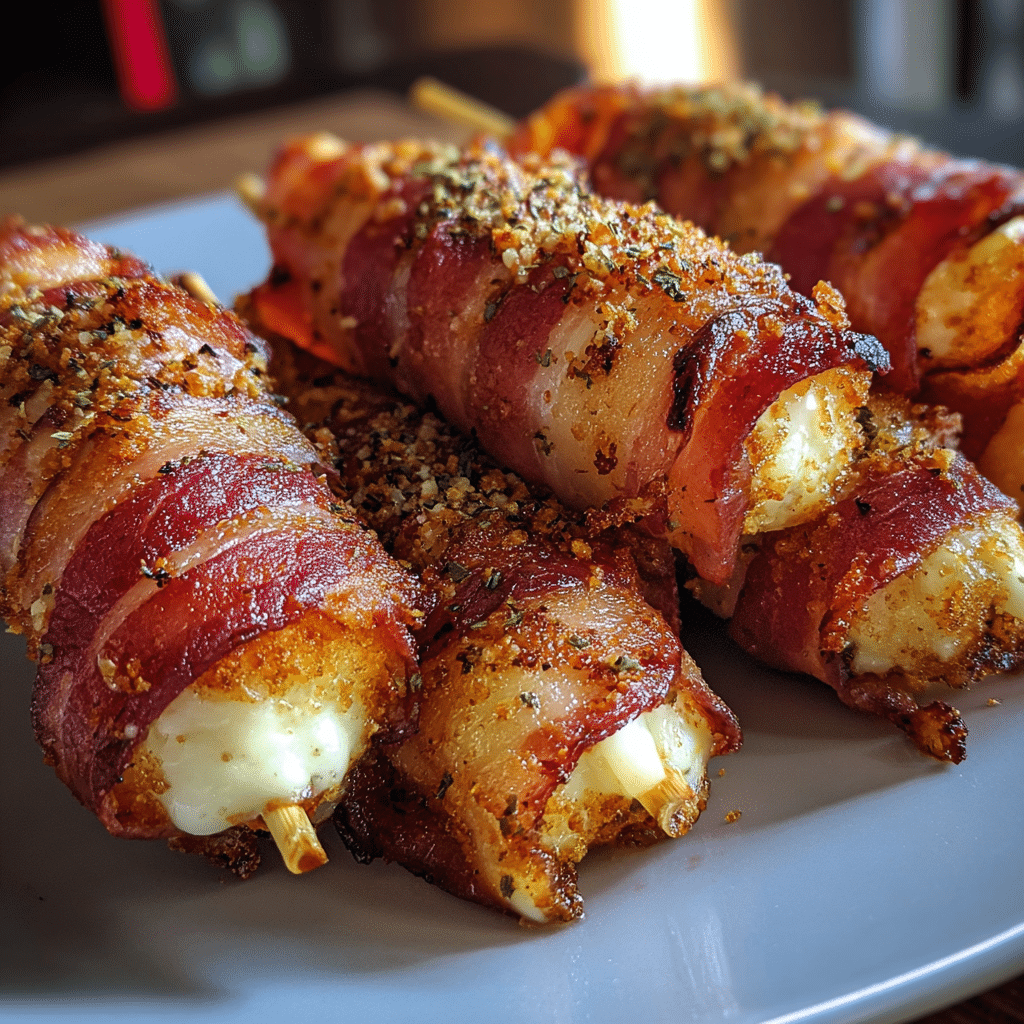 Crispy bacon wrapped mozzarella sticks with golden exterior and melted cheese center - ultimate party appetizer from CrennRecipes