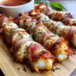Crispy Bacon-Wrapped Pizza Sticks with melted mozzarella and pepperoni on premium baking sheet