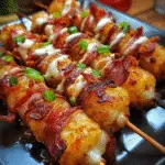 Bacon-wrapped tater tot skewers with melted cheddar cheese and crispy bacon on baking sheet
