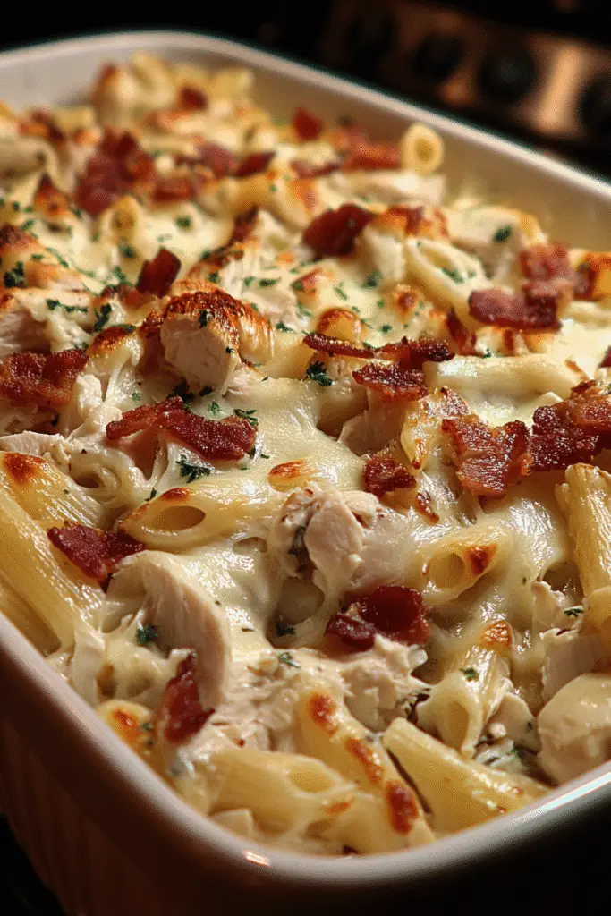 Baked Chicken Bacon Ranch Alfredo Casserole with golden melted mozzarella cheese and perfectly crispy bacon topping