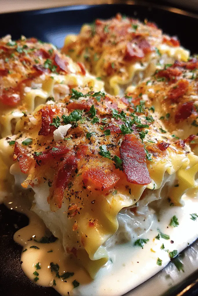 Golden baked Cheesy Chicken Bacon Ranch Lasagna Rolls with bubbling cheese topping
