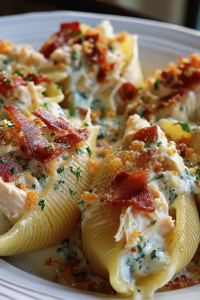 Baked chicken bacon ranch stuffed shells with golden cheese topping and small spoon for serving