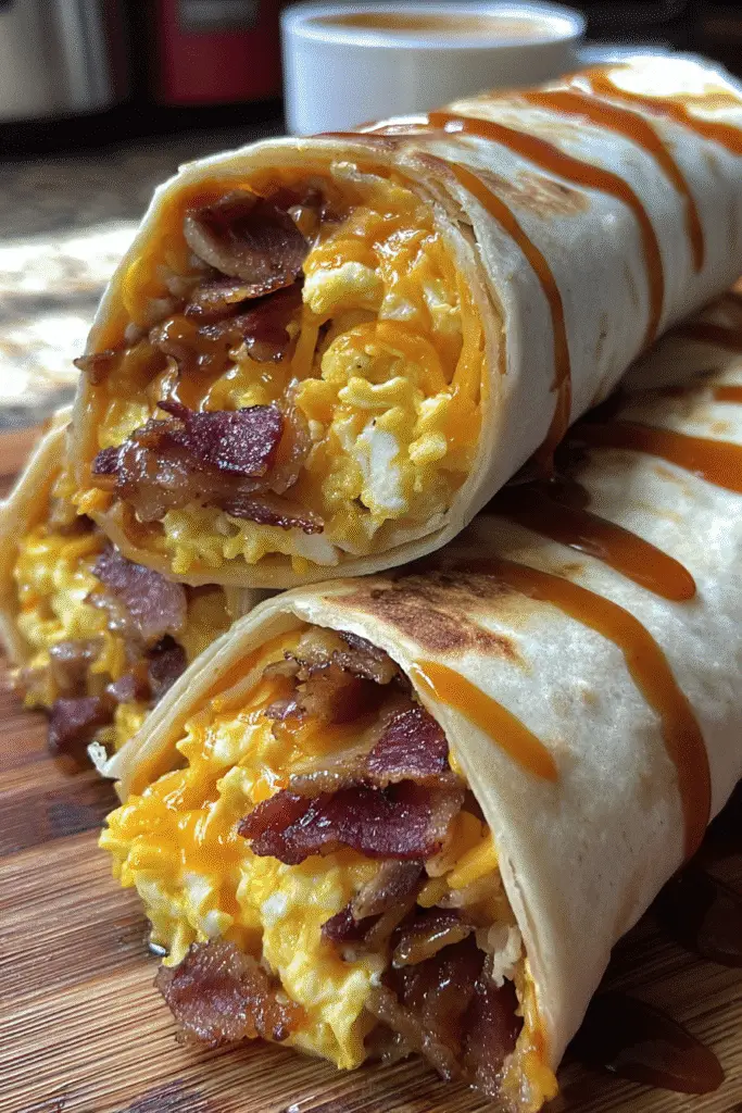 Easy BBQ Cheddar Bacon Breakfast Burritos recipe perfect for meal prep and busy mornings