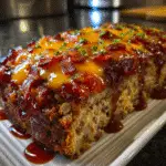 BBQ Bacon Cheddar Meatloaf sliced showing melted cheese center and crispy bacon coating