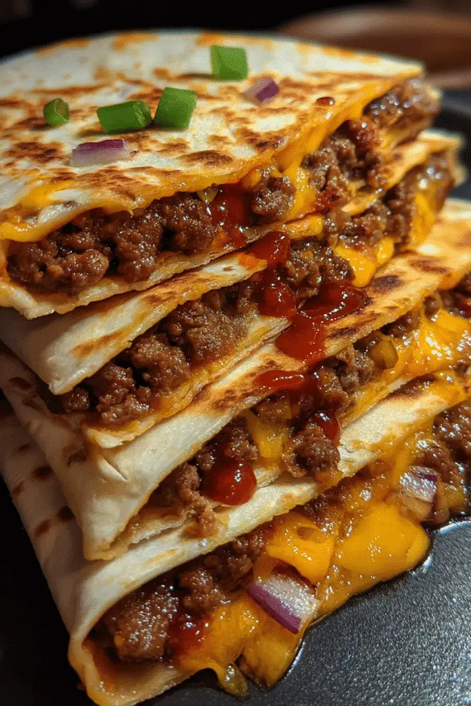 Crispy BBQ Bacon Cheeseburger Quesadillas with golden brown tortilla and melted cheese layers