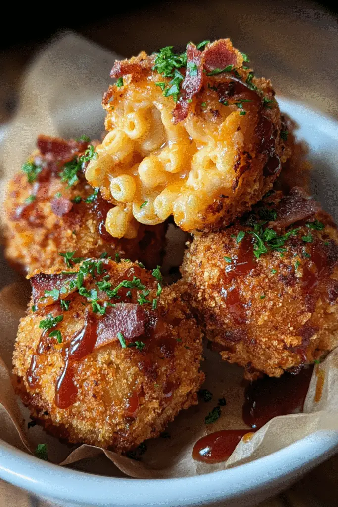 BBQ bacon mac and cheese balls served with ranch and chipotle mayo.